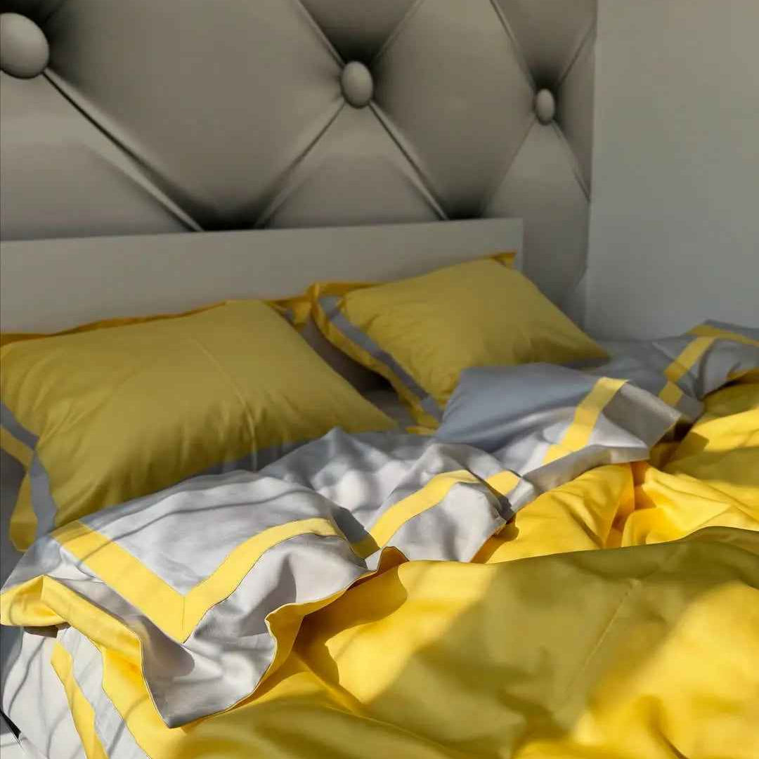 Pościel z Merceryzowanej Satyny – Żółto & Szara, 100% Bawełna Turecka, 140 g/m², Edycja Exclusive