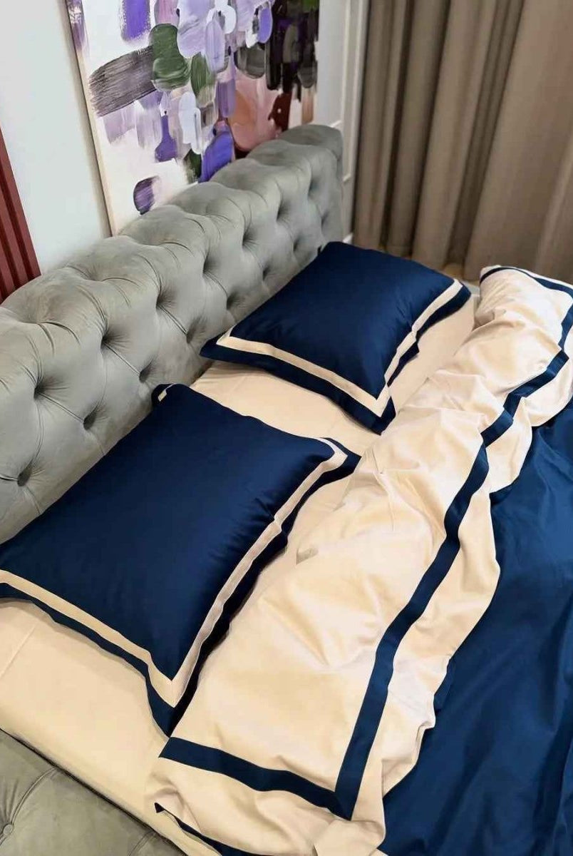Pościel z Merceryzowanej Satyny – Granat Nocy & Szampański, 100% Bawełna Turecka, 140 g/m², Edycja Exclusive