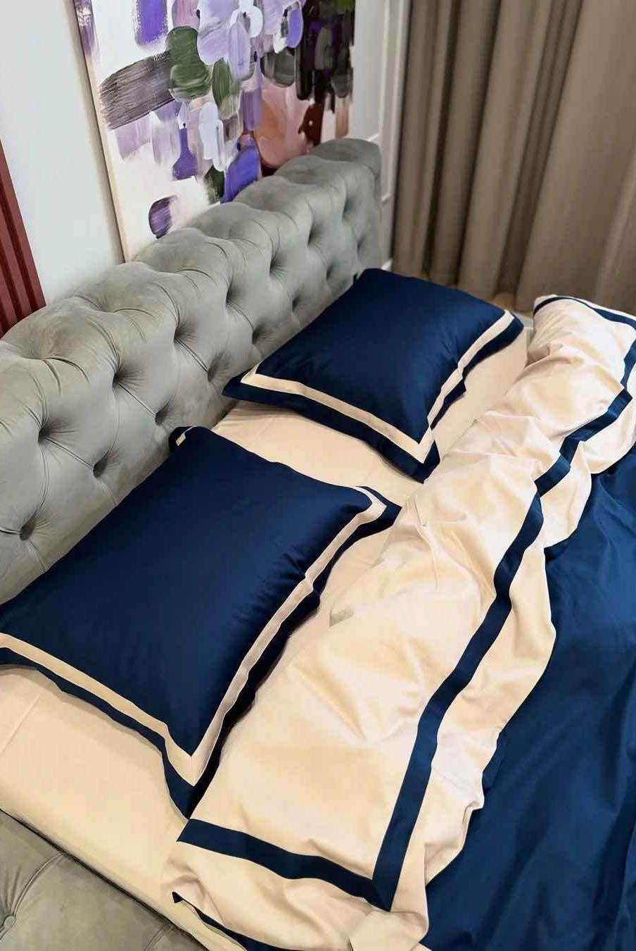 Pościel z Merceryzowanej Satyny – Granat Nocy & Szampański, 100% Bawełna Turecka, 140 g/m², Edycja Exclusive