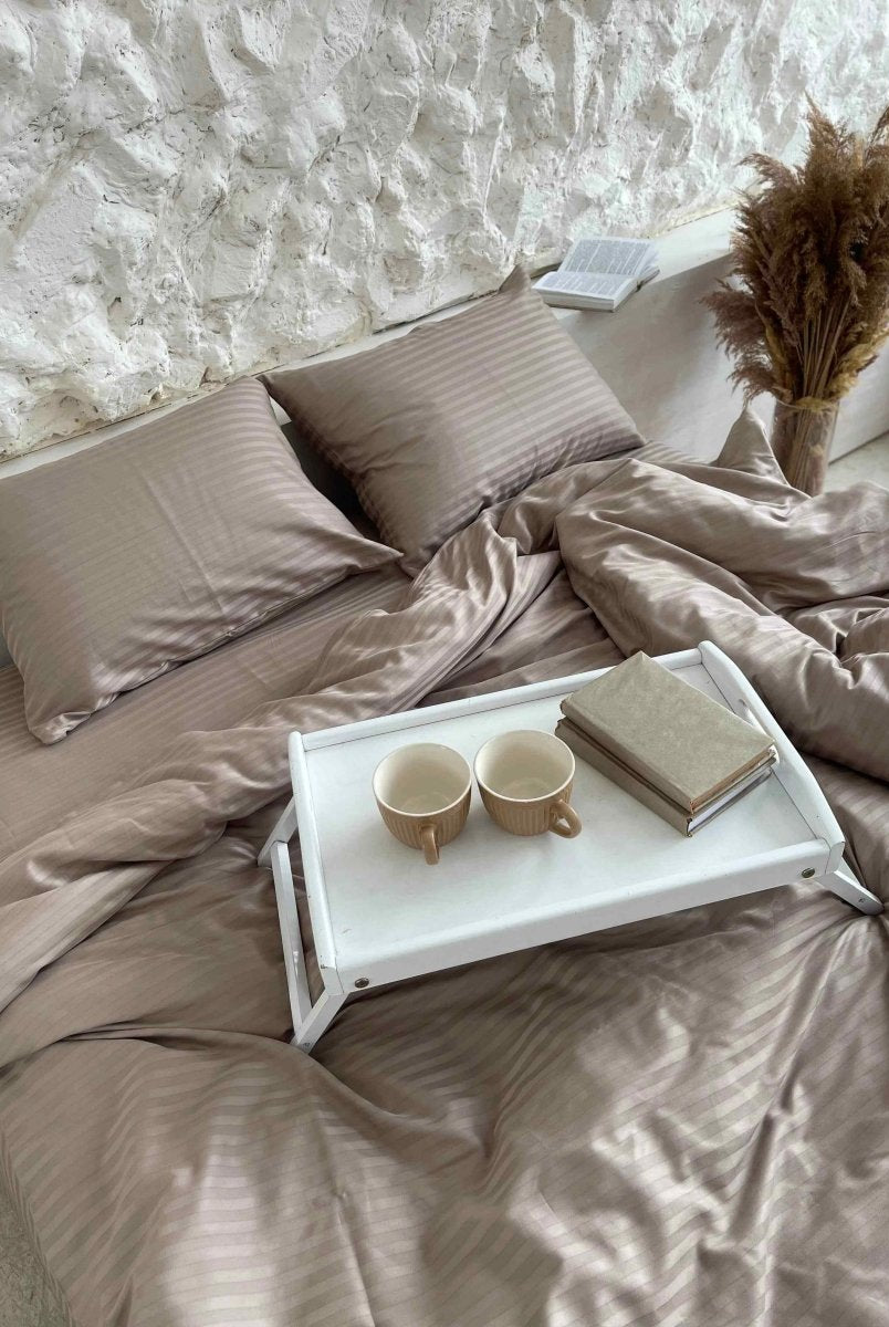Pościel Satynowa w Paski – Taupe , 100% Bawełna Turecka, 140g, Luksus Hotelowy