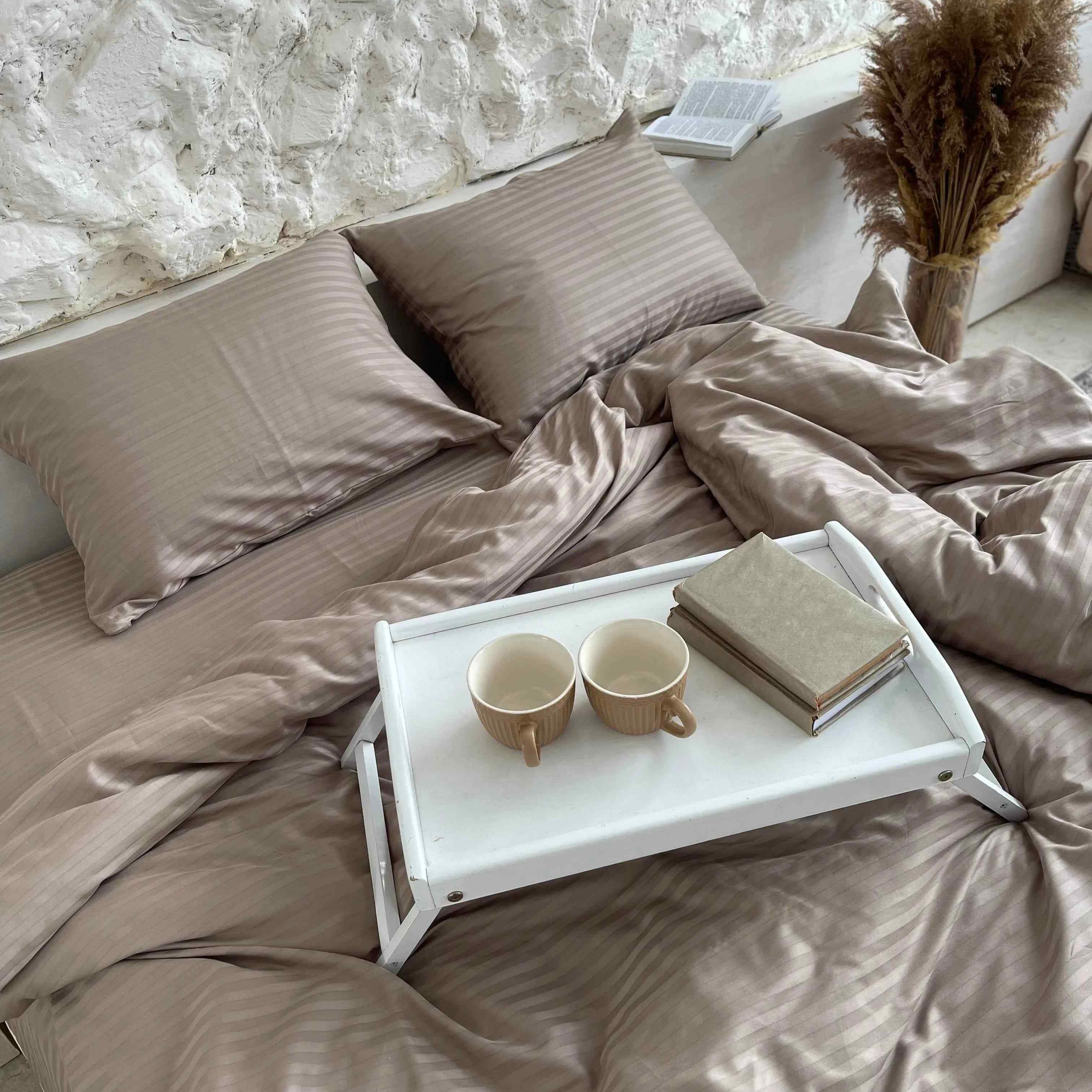 Pościel Satynowa w Paski – Taupe , 100% Bawełna Turecka, 140g, Luksus Hotelowy