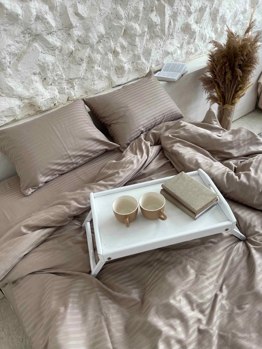 Pościel Satynowa w Paski – Taupe , 100% Bawełna Turecka, 140g, Luksus Hotelowy