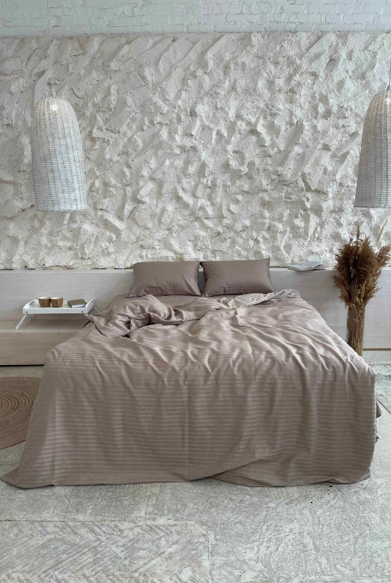 Pościel Satynowa w Paski – Taupe , 100% Bawełna Turecka, 140g, Luksus Hotelowy