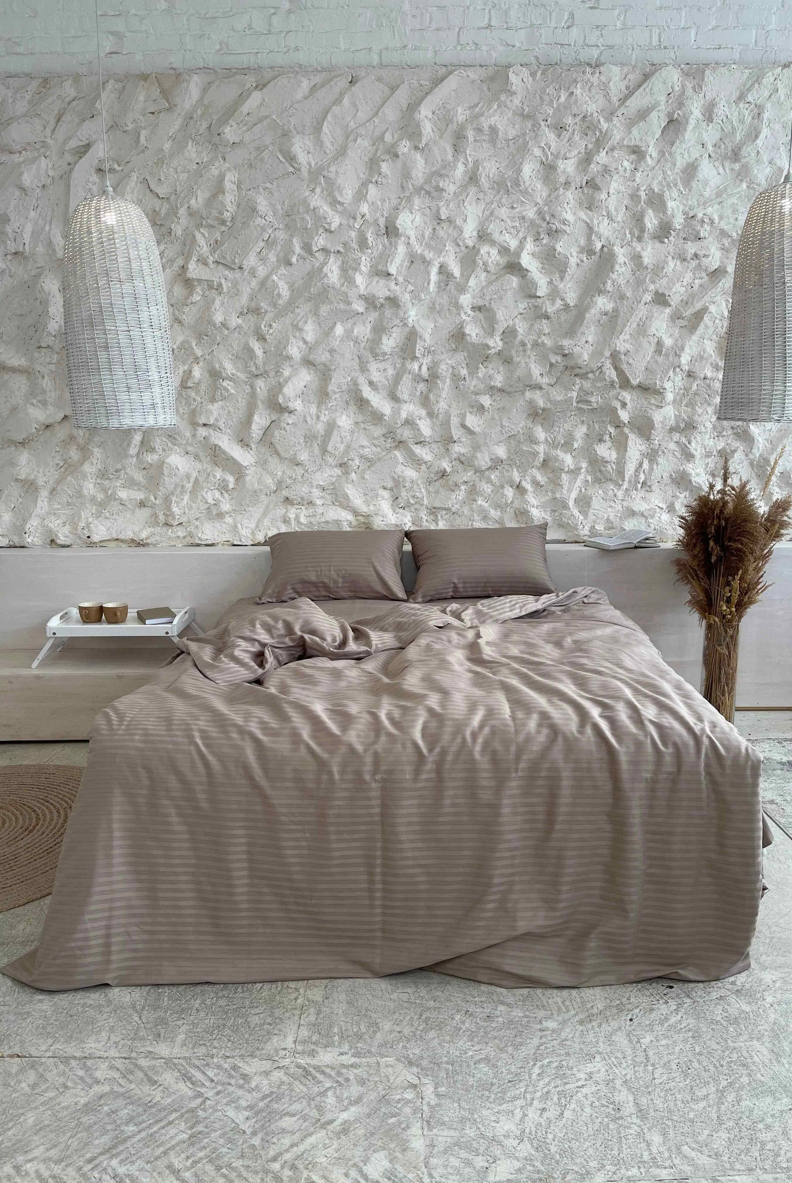 Pościel Satynowa w Paski – Taupe , 100% Bawełna Turecka, 140g, Luksus Hotelowy