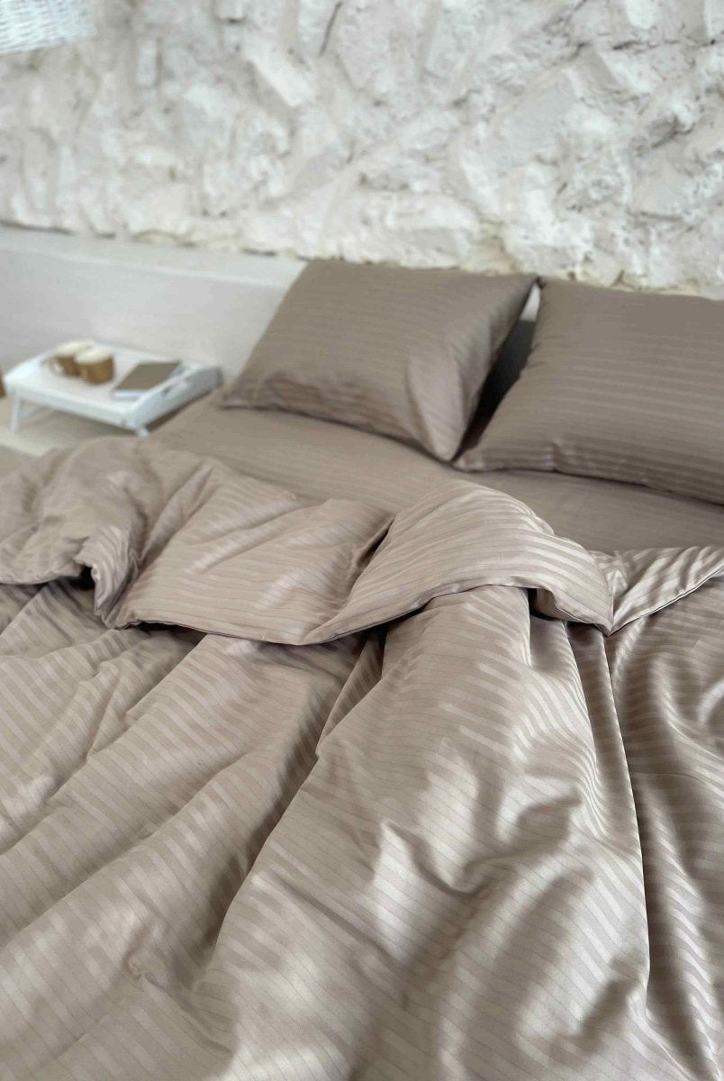 Pościel Satynowa w Paski – Taupe , 100% Bawełna Turecka, 140g, Luksus Hotelowy