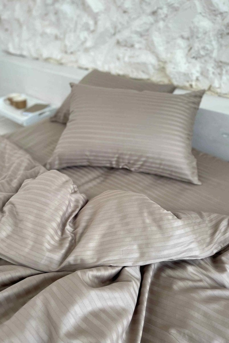 Pościel Satynowa w Paski – Taupe , 100% Bawełna Turecka, 140g, Luksus Hotelowy
