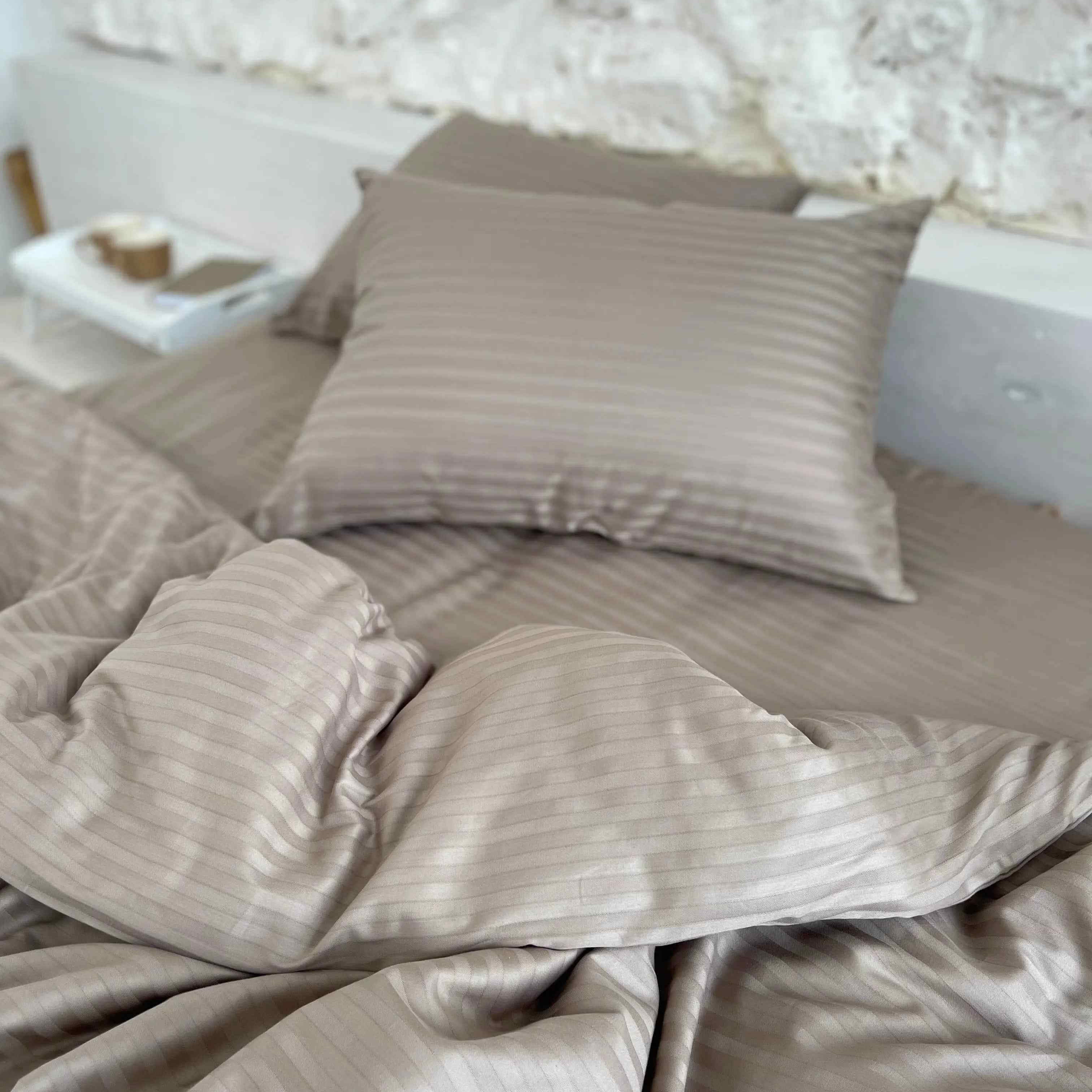 Pościel Satynowa w Paski – Taupe , 100% Bawełna Turecka, 140g, Luksus Hotelowy