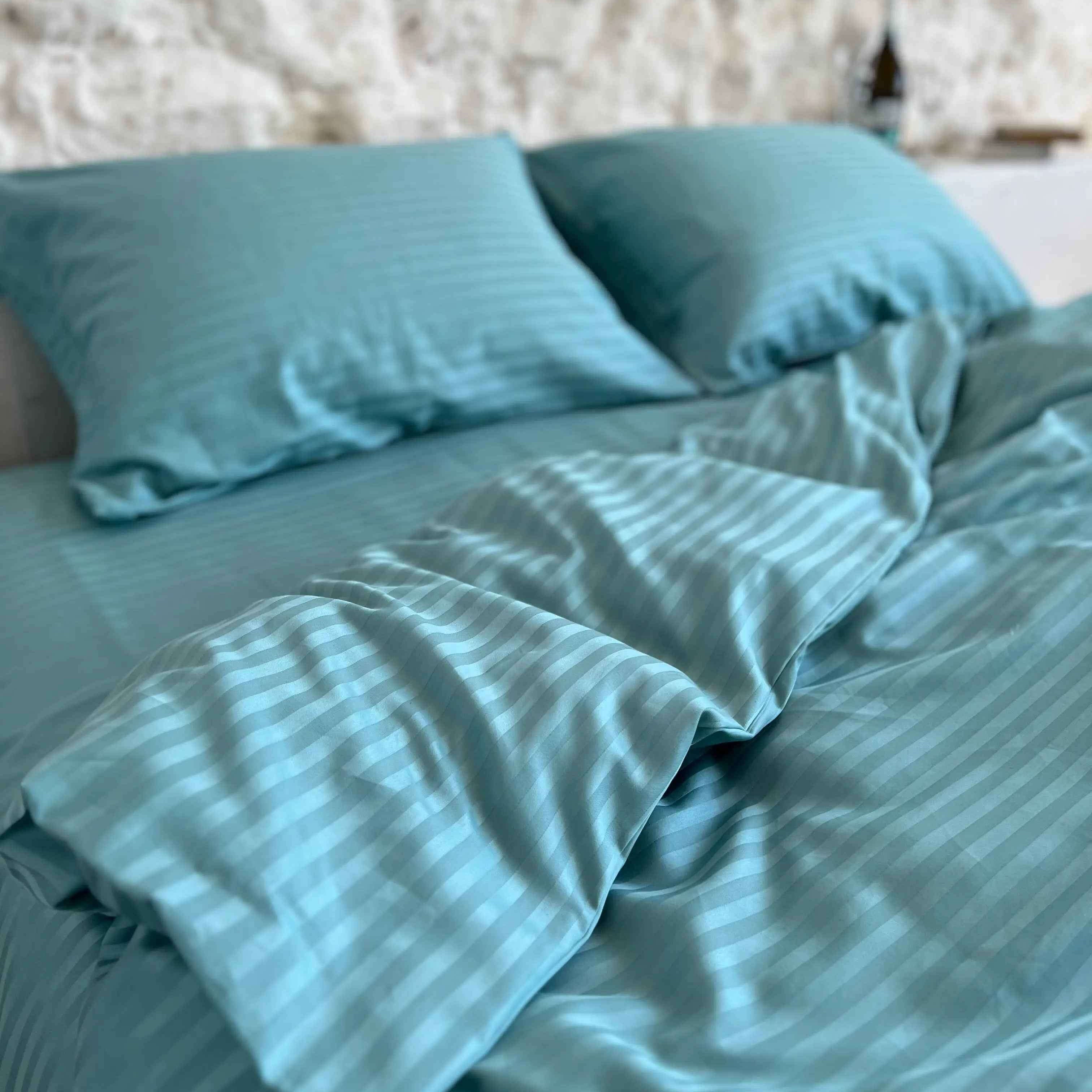 Pościel Satynowa w Paski – Turkusowy , 100% Bawełna Turecka, 140g, Luksus Hotelowy