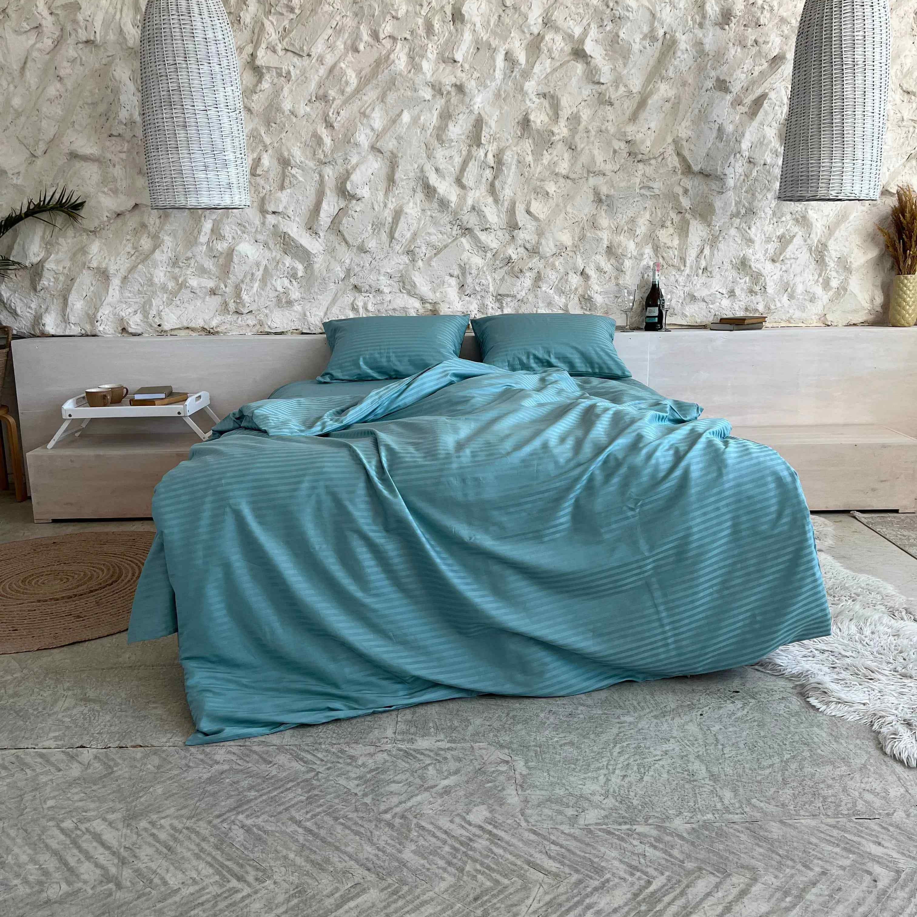 Pościel Satynowa w Paski – Turkusowy , 100% Bawełna Turecka, 140g, Luksus Hotelowy