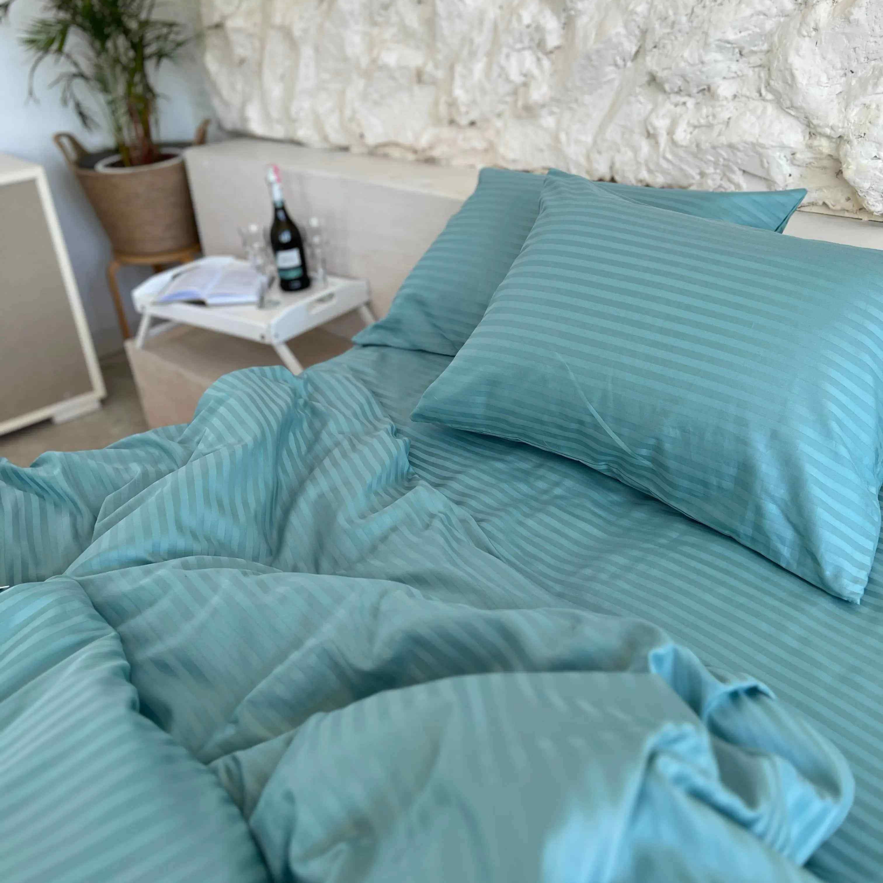 Pościel Satynowa w Paski – Turkusowy , 100% Bawełna Turecka, 140g, Luksus Hotelowy