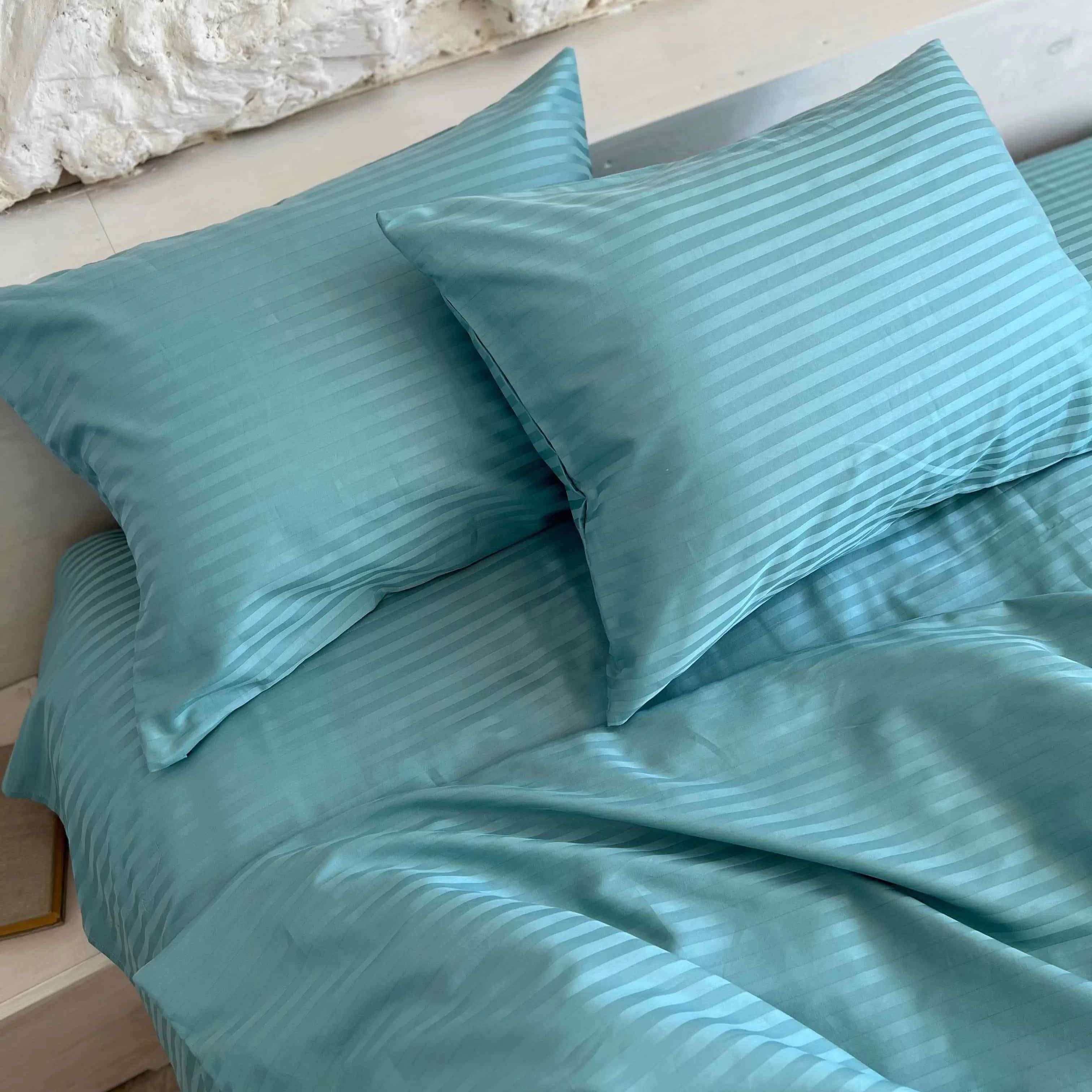 Pościel Satynowa w Paski – Turkusowy , 100% Bawełna Turecka, 140g, Luksus Hotelowy