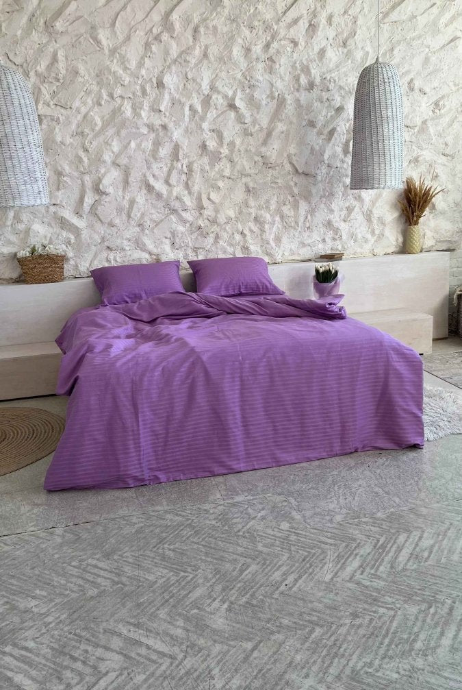 Pościel Satynowa w Paski – Fioletowa, 100% Bawełna Turecka, 140g, Luksus Hotelowy