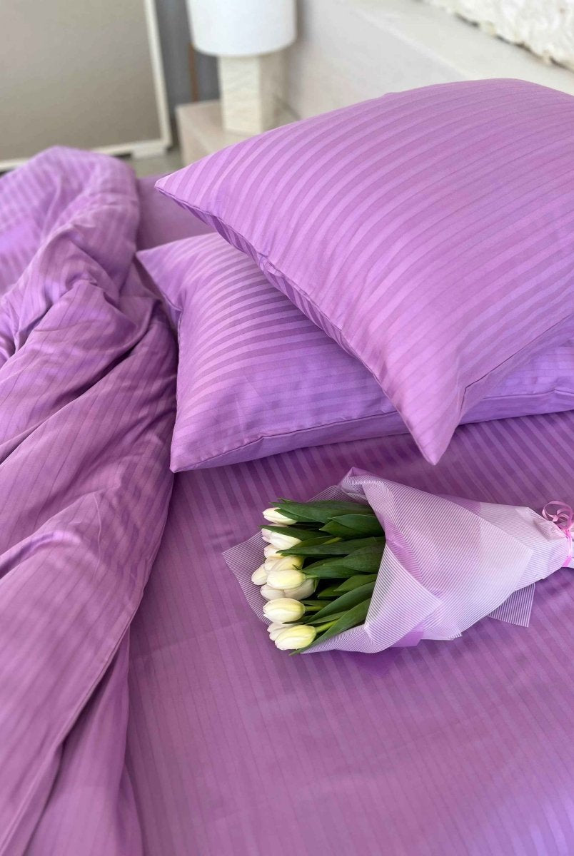 Pościel Satynowa w Paski – Fioletowa, 100% Bawełna Turecka, 140g, Luksus Hotelowy