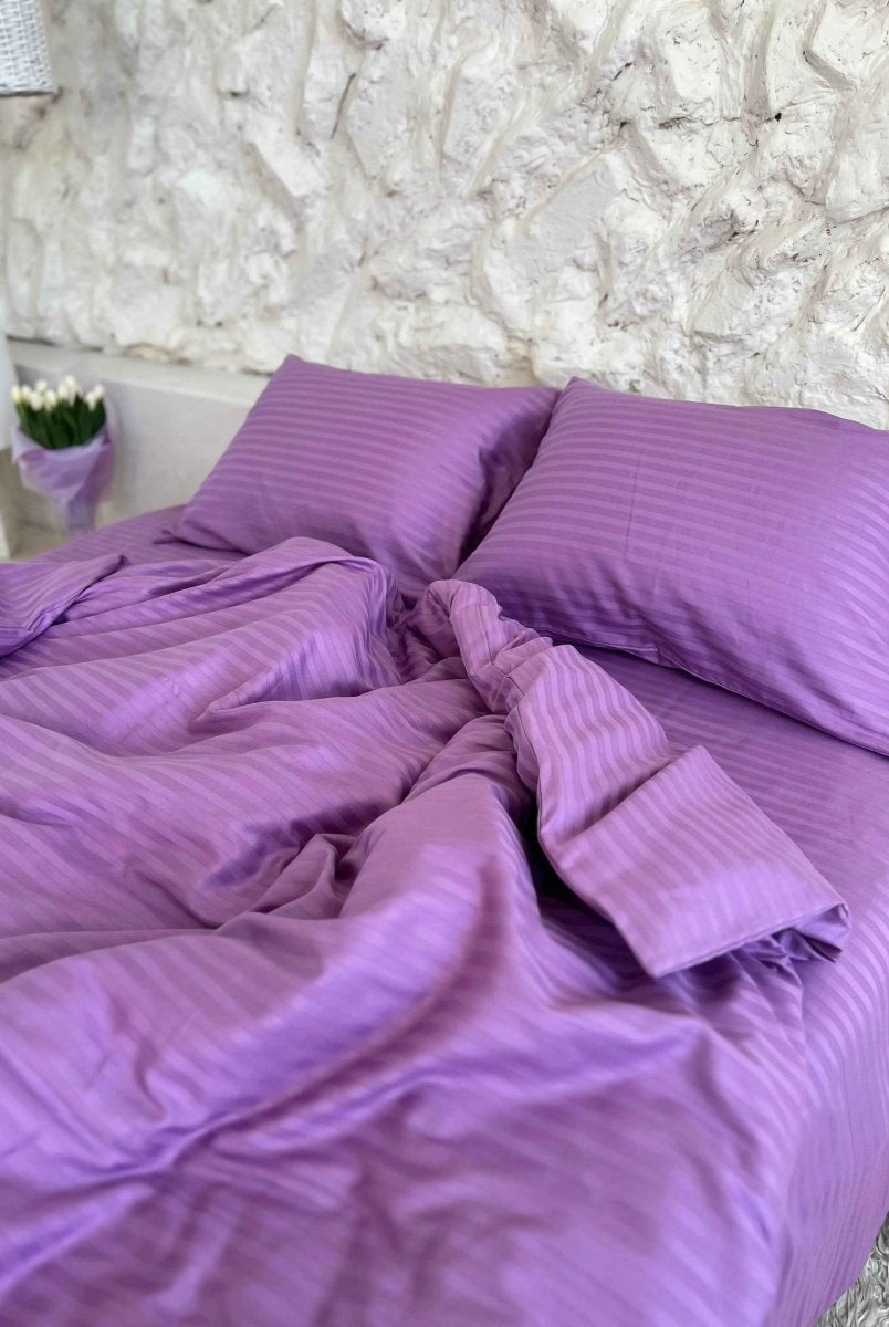 Pościel Satynowa w Paski – Fioletowa, 100% Bawełna Turecka, 140g, Luksus Hotelowy