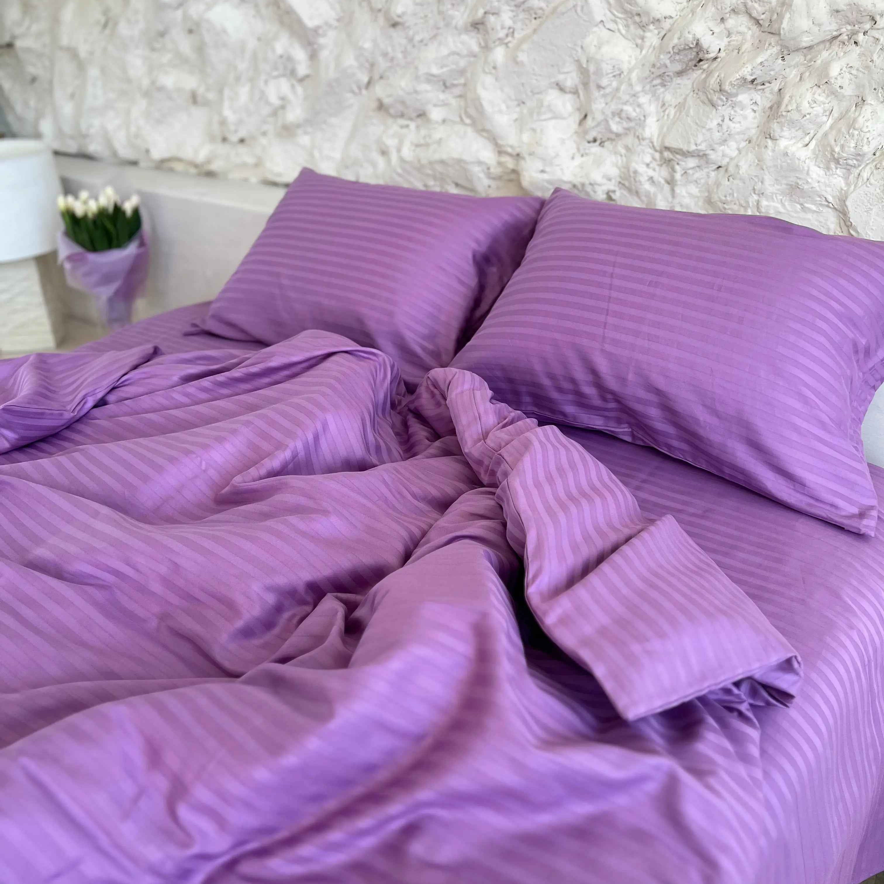 Pościel Satynowa w Paski – Fioletowa, 100% Bawełna Turecka, 140g, Luksus Hotelowy