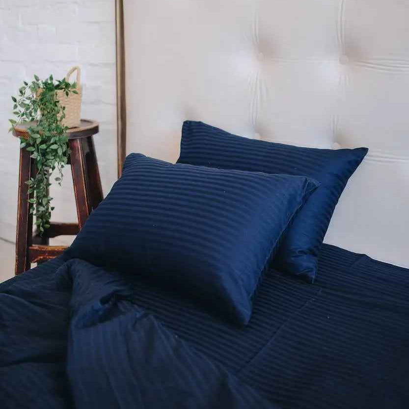 Pościel Satynowa w Paski – Niebieska, 100% Bawełna Turecka, 140g, Luksus Hotelowy