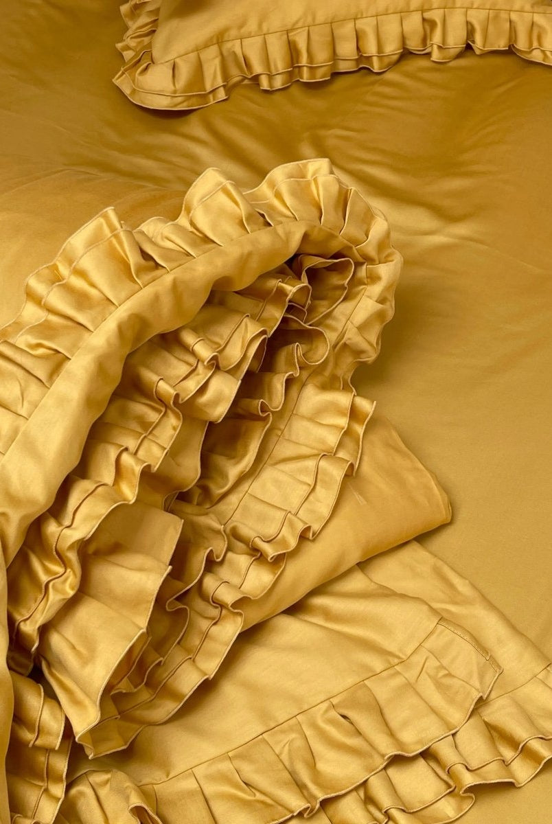 Pościel satynowa z merceryzowanej bawełny tureckiej 140 g/m² – żółta (miodowa) z falbanką | Kolekcja Falbanki Wivanco Bedding