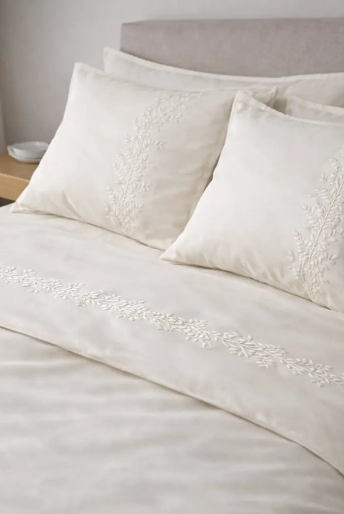 Pościel satynowa haftowana z merceryzowanej bawełny tureckiej 140 g/m² – ecru z haftem gałązek | Kolekcja Haftowana Wivanco Bedding