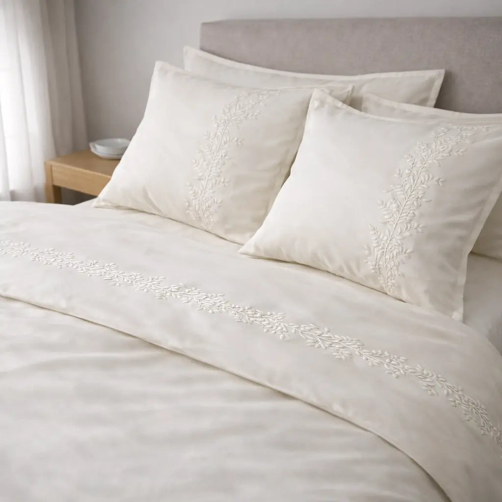 Pościel satynowa haftowana z merceryzowanej bawełny tureckiej 140 g/m² – ecru z haftem gałązek | Kolekcja Haftowana Wivanco Bedding