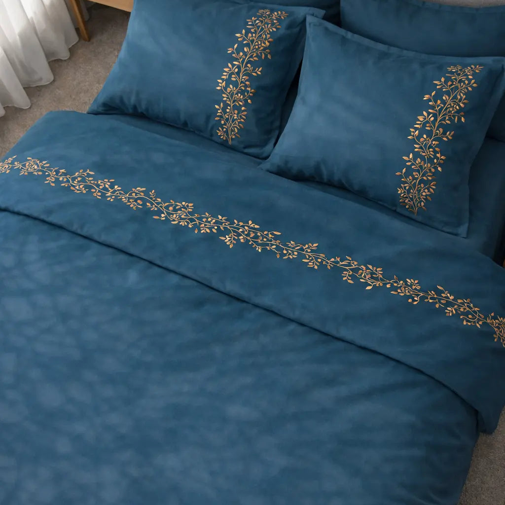 Pościel satynowa haftowana z merceryzowanej bawełny tureckiej 140 g/m² – petrolowa z miedzianym haftem gałązek | Kolekcja Haftowana Wivanco Bedding