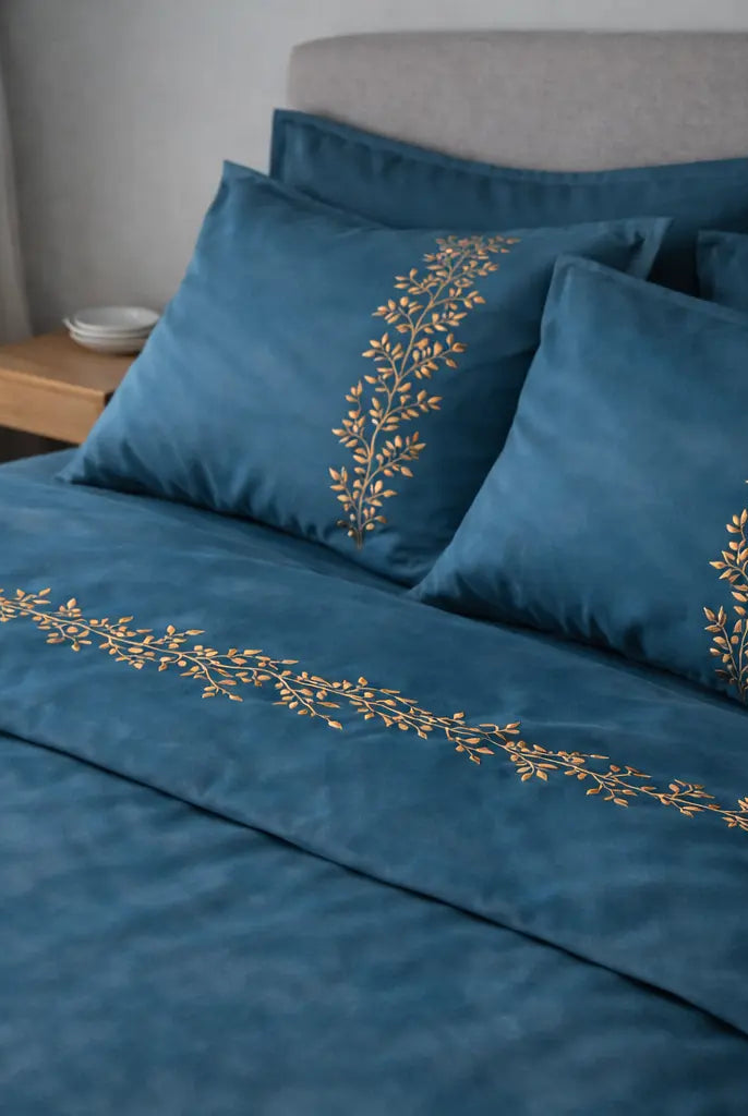 Pościel satynowa haftowana z merceryzowanej bawełny tureckiej 140 g/m² – petrolowa z miedzianym haftem gałązek | Kolekcja Haftowana Wivanco Bedding