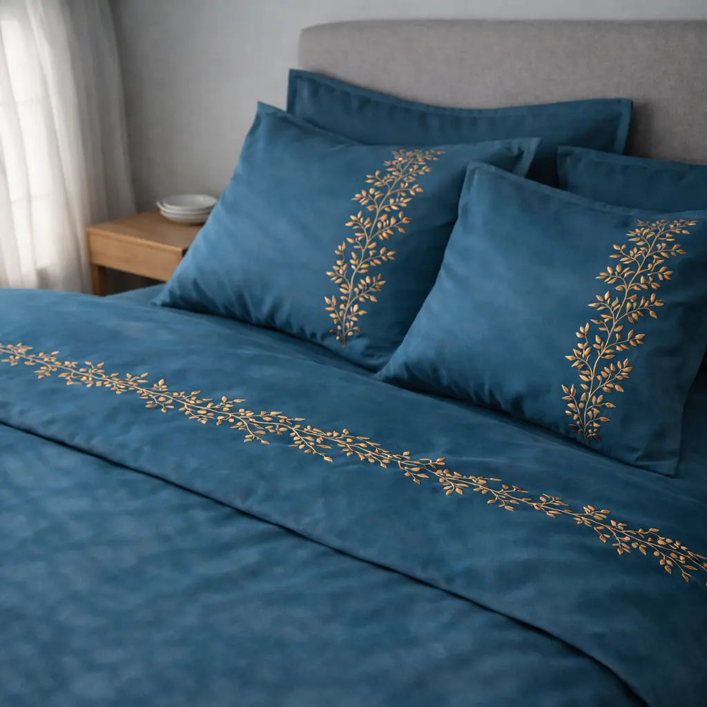 Pościel satynowa haftowana z merceryzowanej bawełny tureckiej 140 g/m² – petrolowa z miedzianym haftem gałązek | Kolekcja Haftowana Wivanco Bedding