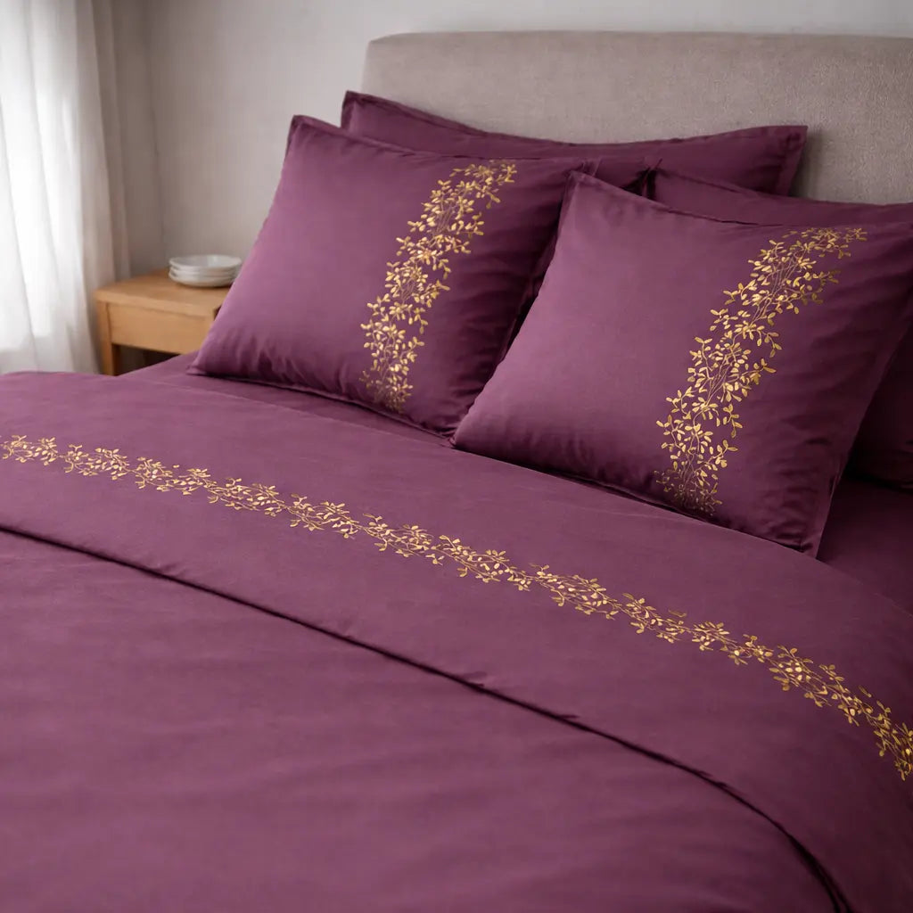 Pościel satynowa haftowana z merceryzowanej bawełny tureckiej 140 g/m² – śliwkowa z haftem gałązek | Kolekcja Haftowana Wivanco Bedding