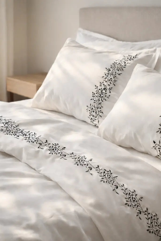 Pościel satynowa haftowana z merceryzowanej bawełny tureckiej 140 g/m² – biały z szarym haftem gałązek | Kolekcja Haftowana Wivanco Bedding