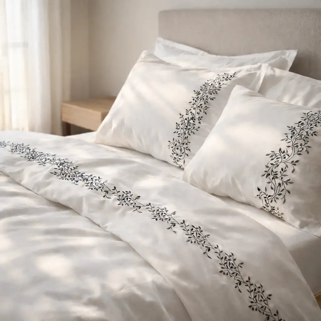 Pościel satynowa haftowana z merceryzowanej bawełny tureckiej 140 g/m² – biały z szarym haftem gałązek | Kolekcja Haftowana Wivanco Bedding
