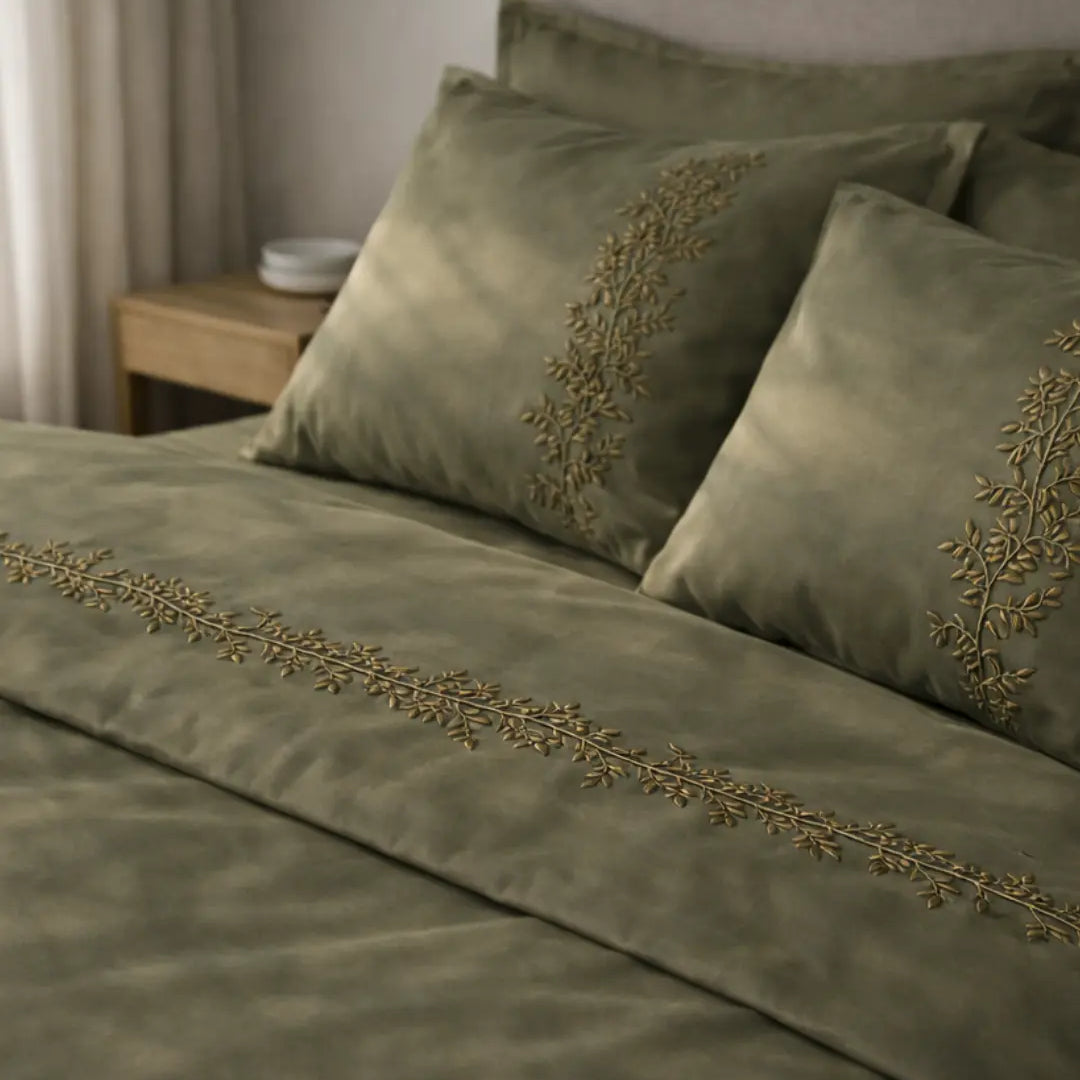 Pościel satynowa haftowana z merceryzowanej bawełny tureckiej 140 g/m² – oliwkowa z haftem gałązek | Kolekcja Haftowana Wivanco Bedding