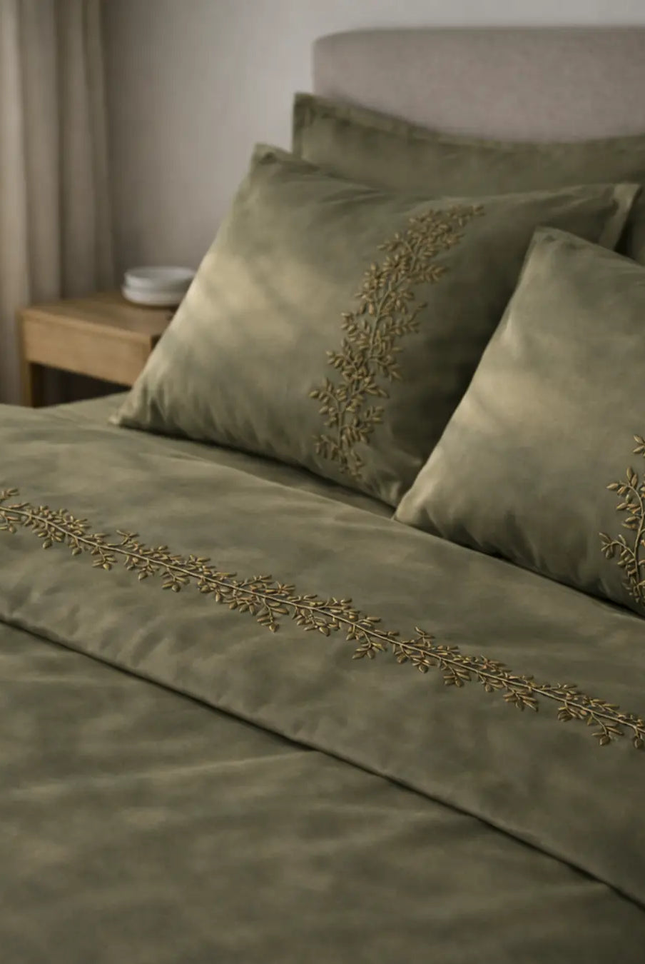 Pościel satynowa haftowana z merceryzowanej bawełny tureckiej 140 g/m² – oliwkowa z haftem gałązek | Kolekcja Haftowana Wivanco Bedding