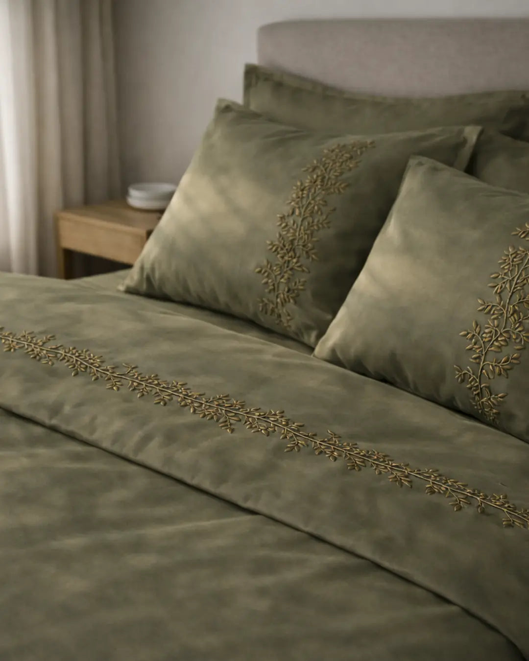 Pościel satynowa haftowana z merceryzowanej bawełny tureckiej 140 g/m² – oliwkowa z haftem gałązek | Kolekcja Haftowana Wivanco Bedding