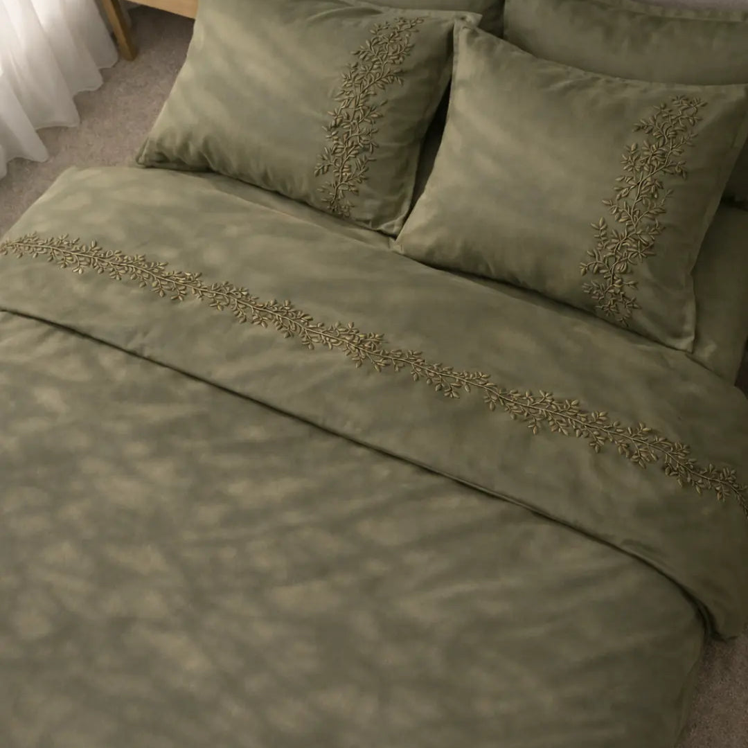 Pościel satynowa haftowana z merceryzowanej bawełny tureckiej 140 g/m² – oliwkowa z haftem gałązek | Kolekcja Haftowana Wivanco Bedding