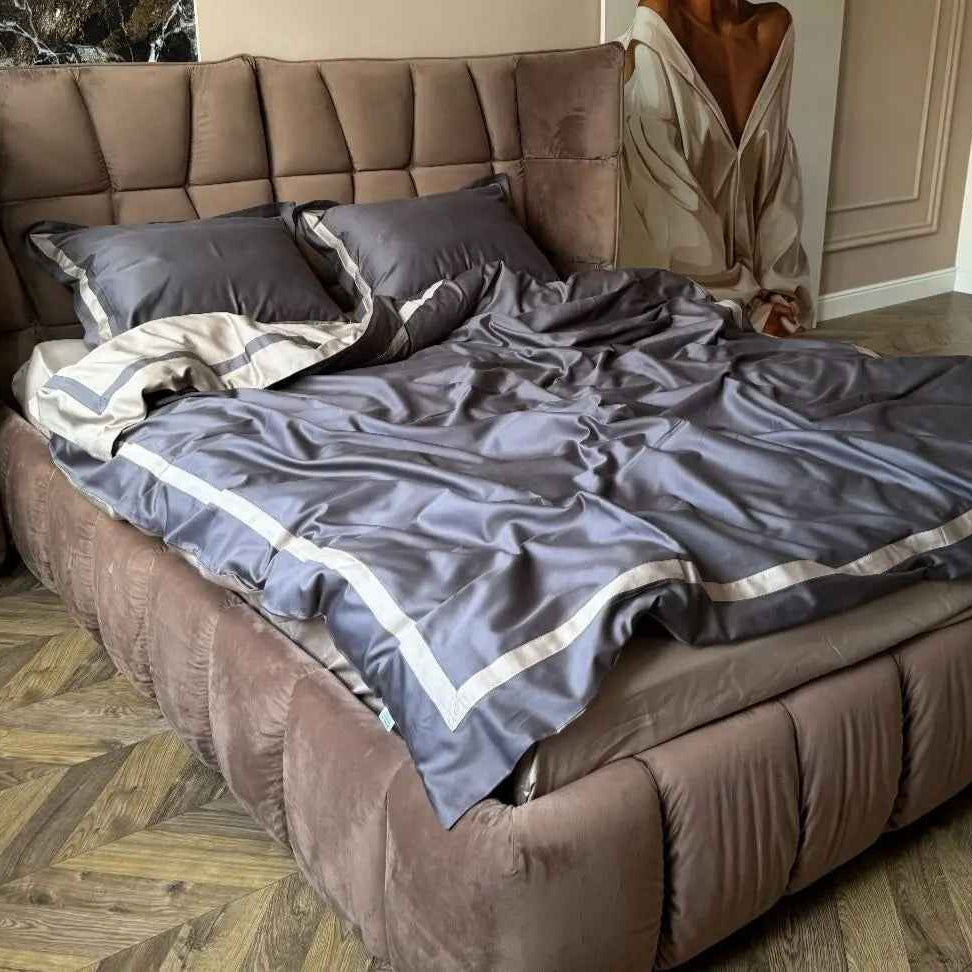 Pościel z Merceryzowanej Satyny – Srebrno-Niebieski & Szampański, 100% Bawełna Turecka, 140 g/m², Edycja Exclusive