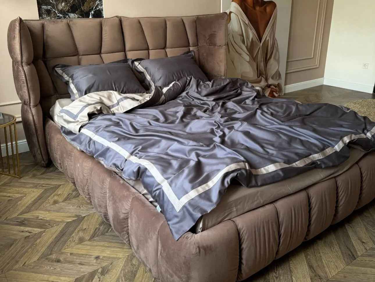 Pościel z Merceryzowanej Satyny – Srebrno-Niebieski & Szampański, 100% Bawełna Turecka, 140 g/m², Edycja Exclusive