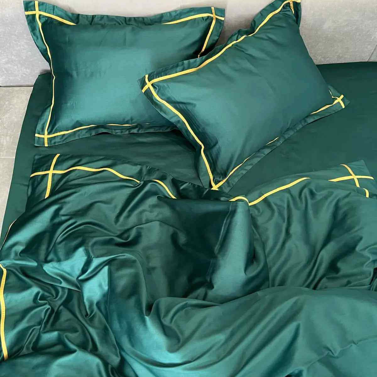 Pościel z Merceryzowanej Satyny – Butelkowa Zieleń & Złoty, 100% Bawełna Turecka, 140 g/m², Edycja Exclusive