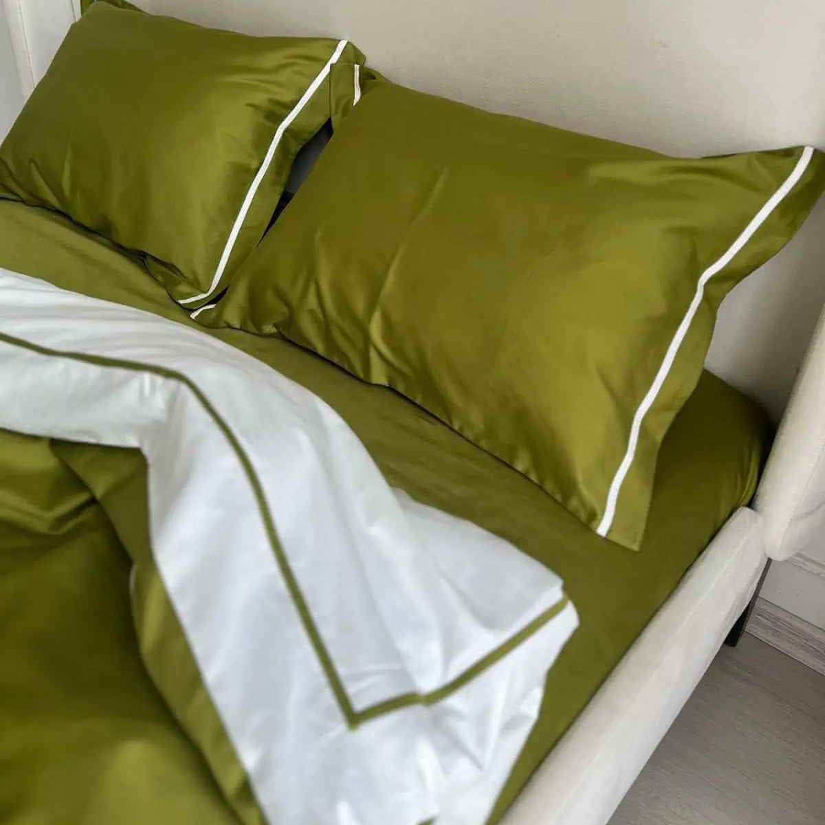 Pościel z Merceryzowanej Satyny – Oliwkowy & Biały, 100% Bawełna Turecka, 140 g/m², Edycja Exclusive