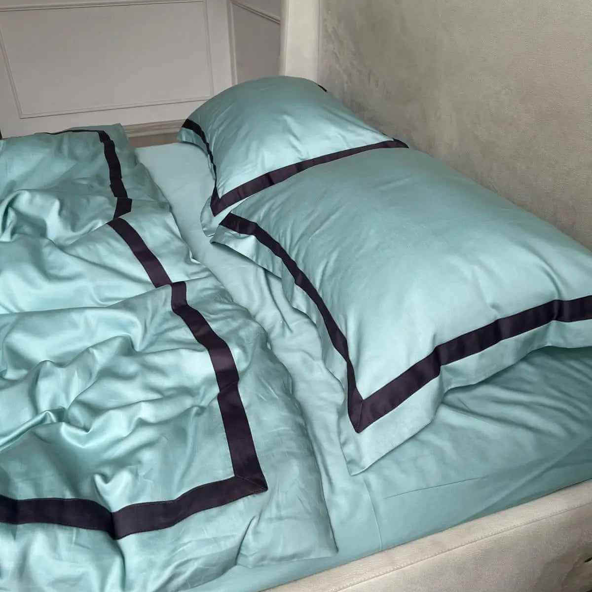 Pościel z Merceryzowanej Satyny –Turkusowy Niebieski & Czarny, 100% Bawełna Turecka, 140 g/m², Edycja Exclusive