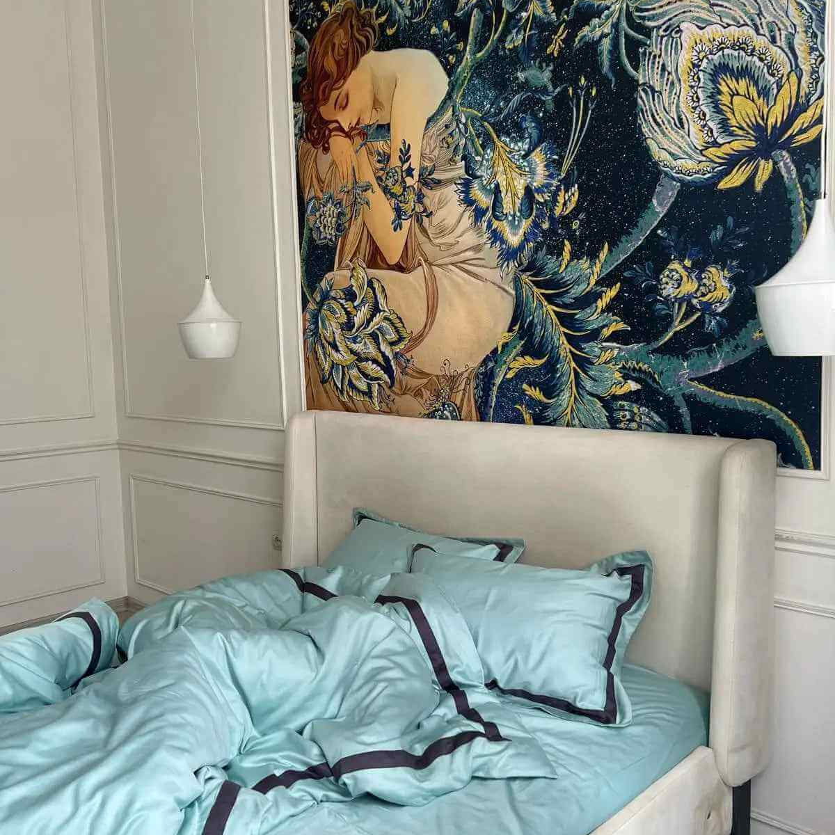 Pościel z Merceryzowanej Satyny –Turkusowy Niebieski & Czarny, 100% Bawełna Turecka, 140 g/m², Edycja Exclusive