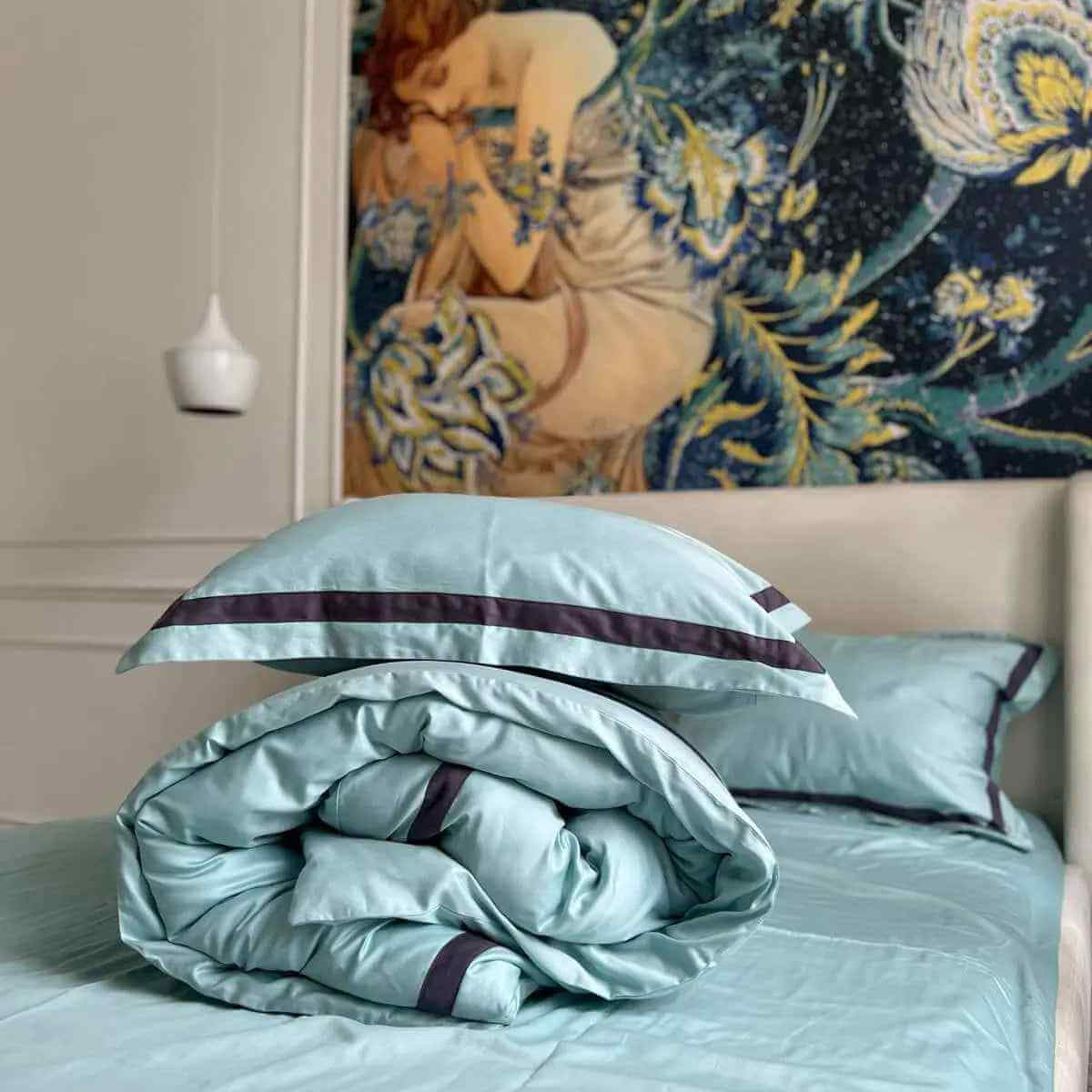 Pościel z Merceryzowanej Satyny –Turkusowy Niebieski & Czarny, 100% Bawełna Turecka, 140 g/m², Edycja Exclusive