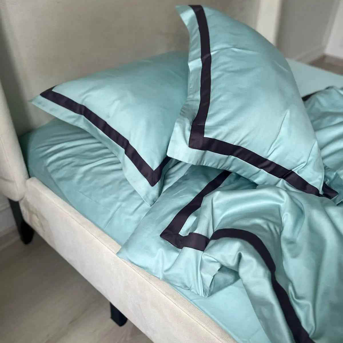 Pościel z Merceryzowanej Satyny –Turkusowy Niebieski & Czarny, 100% Bawełna Turecka, 140 g/m², Edycja Exclusive