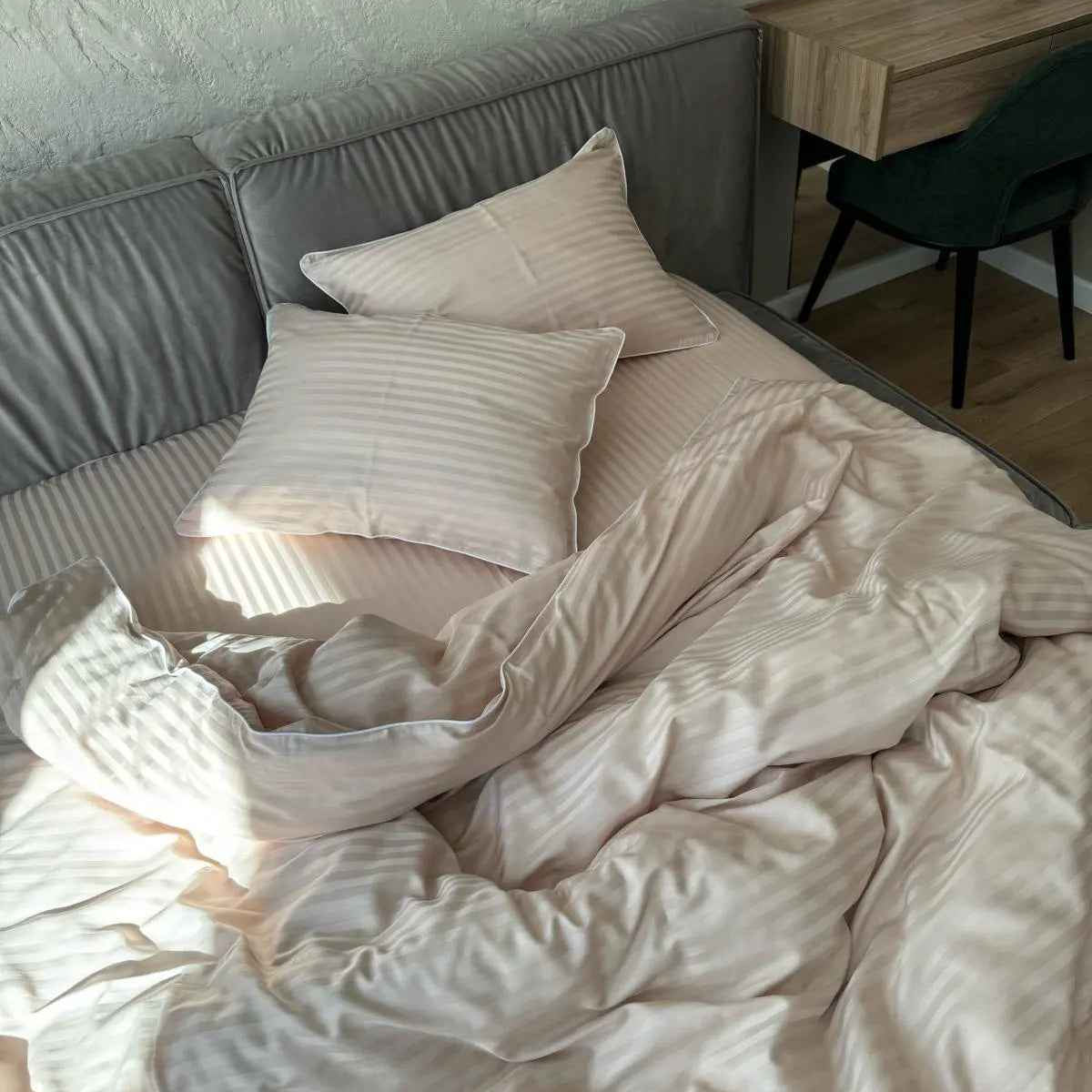 Pościel z Merceryzowanej Satyny – Nude w Paski z Białą Lamówką, 100% Bawełna Turecka, 140 g/m², Kolekcja Premium