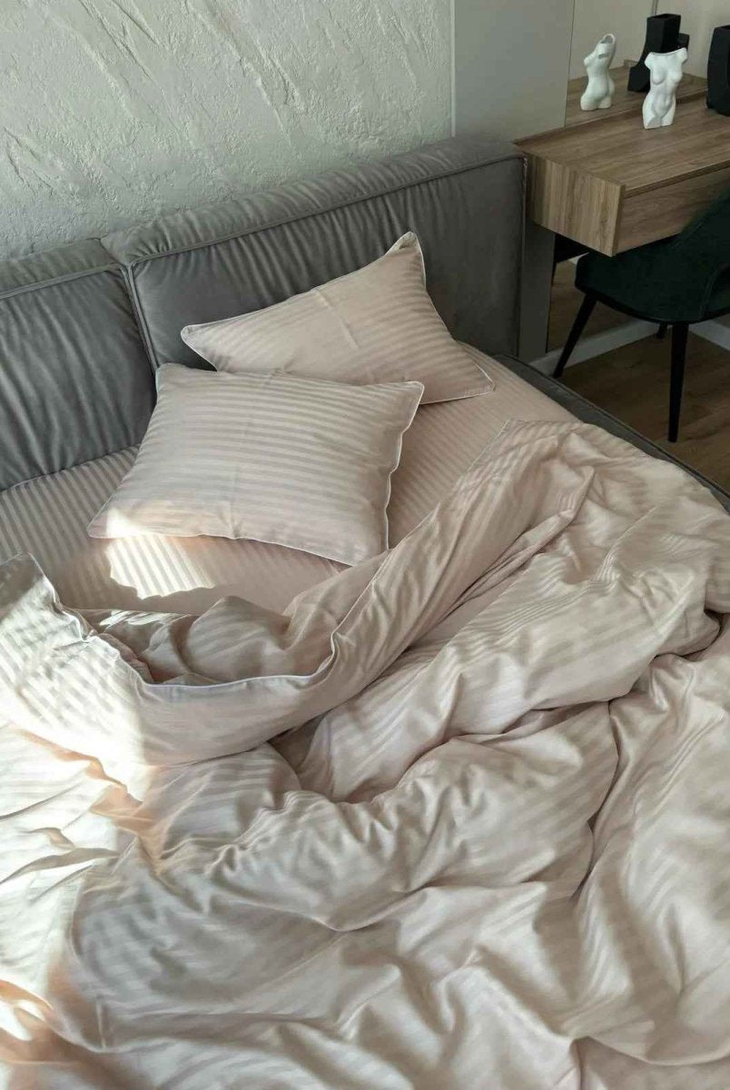 Pościel z Merceryzowanej Satyny – Nude w Paski z Białą Lamówką, 100% Bawełna Turecka, 140 g/m², Kolekcja Premium