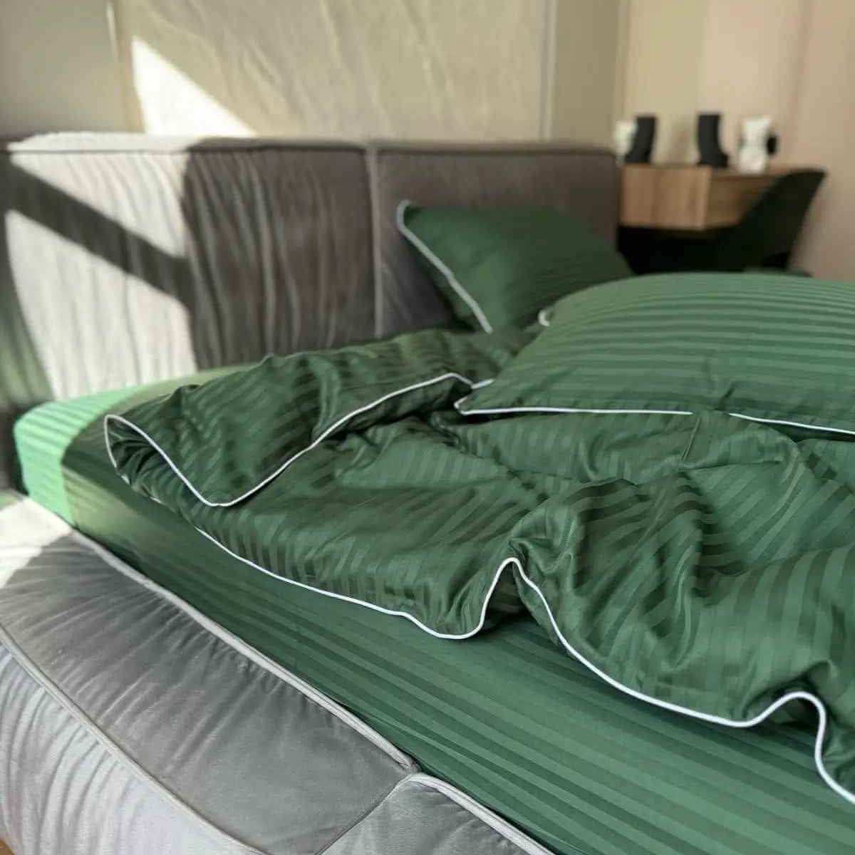 Pościel z Merceryzowanej Satyny – Zielony w Paski z Białą Lamówką , 100% Bawełna Turecka, 140 g/m², Kolekcja Premium