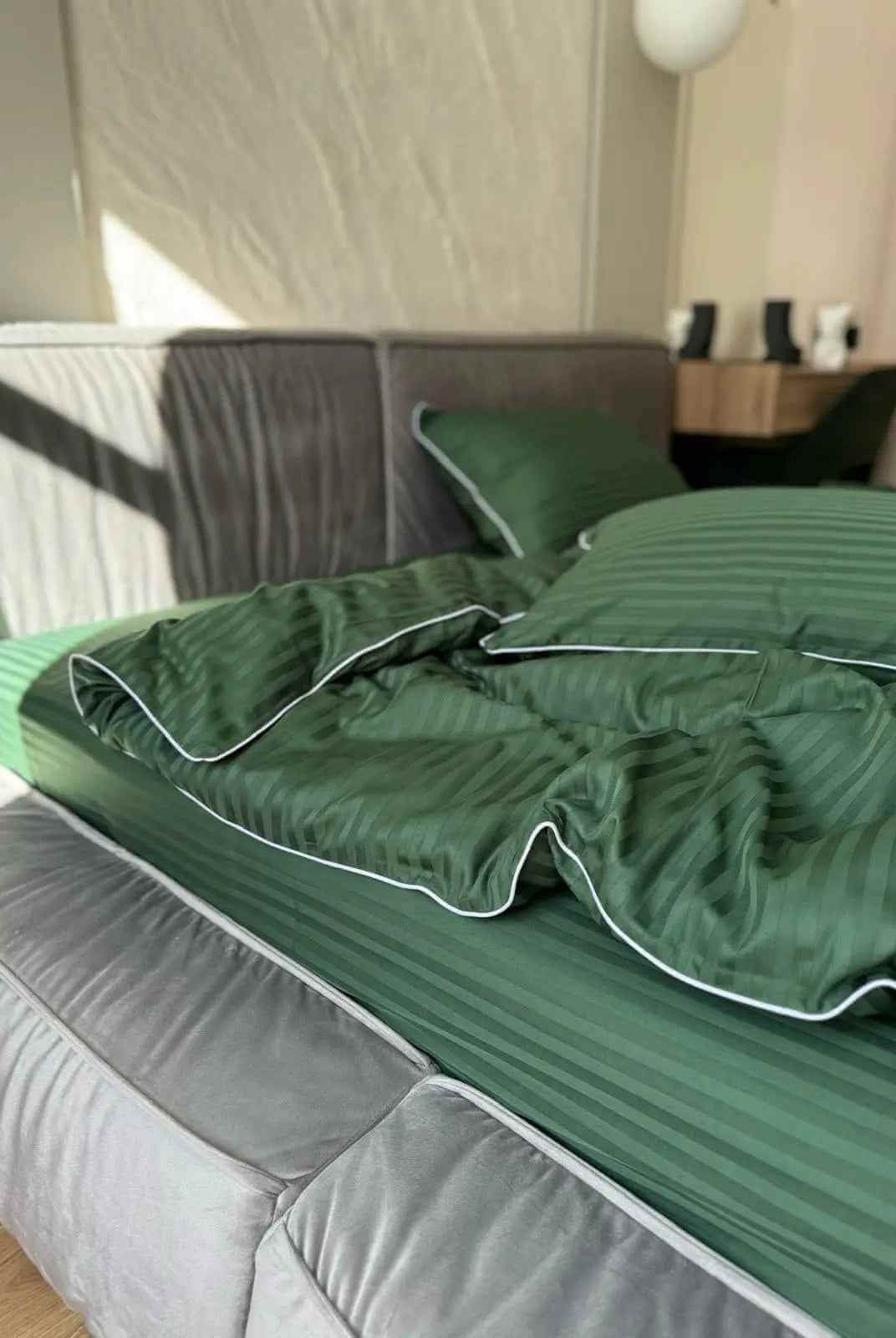 Pościel z Merceryzowanej Satyny – Zielony w Paski z Białą Lamówką , 100% Bawełna Turecka, 140 g/m², Kolekcja Premium