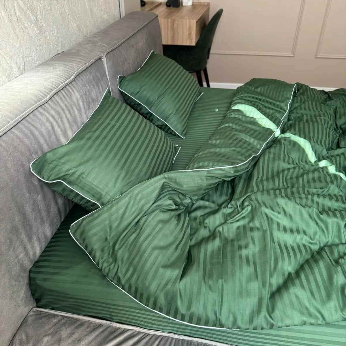 Pościel z Merceryzowanej Satyny – Zielony w Paski z Białą Lamówką , 100% Bawełna Turecka, 140 g/m², Kolekcja Premium