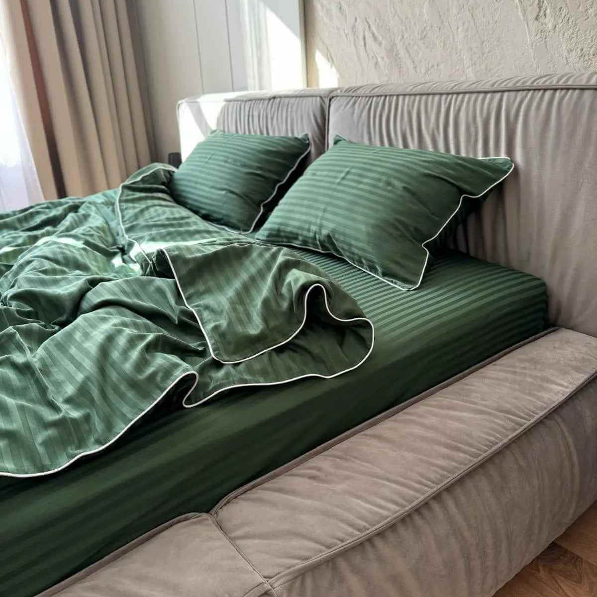 Pościel z Merceryzowanej Satyny – Zielony w Paski z Białą Lamówką , 100% Bawełna Turecka, 140 g/m², Kolekcja Premium