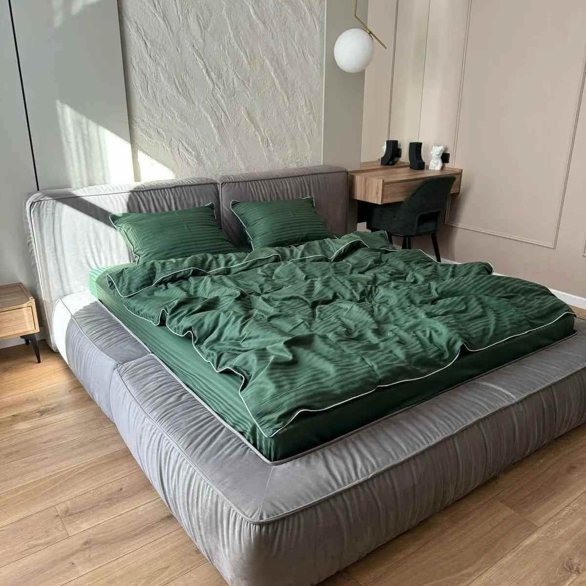 Pościel z Merceryzowanej Satyny – Zielony w Paski z Białą Lamówką , 100% Bawełna Turecka, 140 g/m², Kolekcja Premium