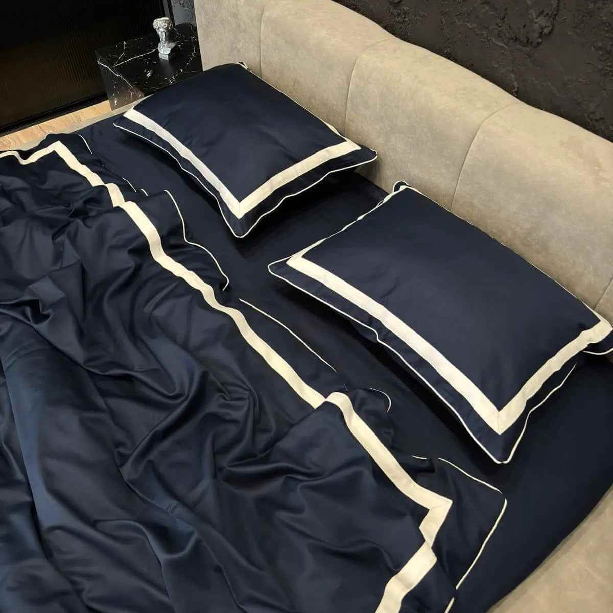Pościel z Merceryzowanej Satyny – Granatowy & Biały, 100% Bawełna Turecka, 140 g/m², Edycja Exclusive