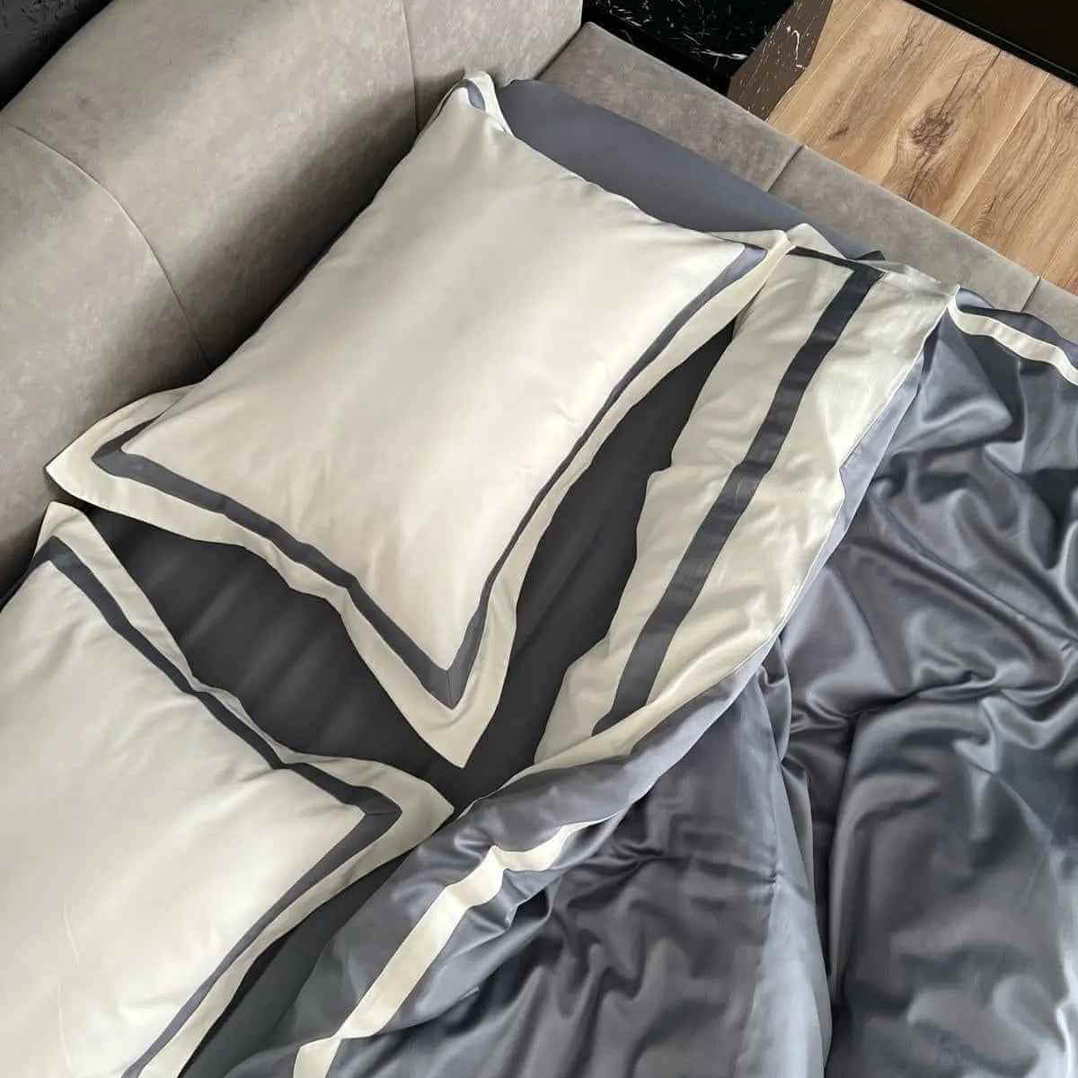 Pościel z Merceryzowanej Satyny – Szary & Biały, 100% Bawełna Turecka, 140 g/m², Edycja Exclusive